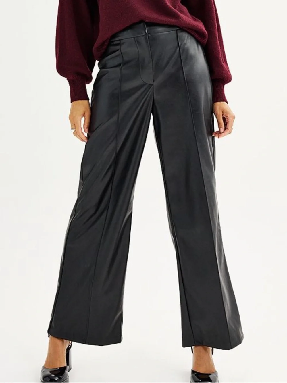 NINE WEST FAUX LEATHER MINERAL BLACK WIDE LEG PLEATED PANTS SZ 12 NWT